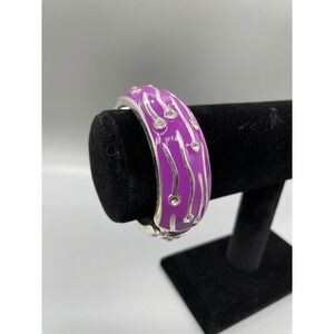 Purple Enamel Silver Tone Rhinestone Wave Hinged Bangle Bracelet Statement Piece